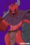  abs antennae_(anatomy) anthro armor arthropod biped black_eyes bugzilla bulge hi_res holding_object holding_weapon hollow_knight humanoid male mandibles melee_weapon muscular muscular_male purple_background red_body shield simple_background solo sword team_cherry unconvincing_armor weapon 
