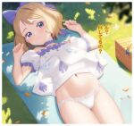  1girl basket blonde_hair blue_eyes blush border bow cameltoe choker closed_mouth clothes_lift commentary day dress dress_lift eyelashes floral_print frills gazing_eye grass hair_bow hands_up highres leaf looking_at_viewer lying navel off-shoulder_dress off_shoulder on_back outdoors panties picnic_blanket pokemon pokemon_(anime) pokemon_the_movie:_diancie_and_the_cocoon_of_destruction pokemon_xy_(anime) purple_choker serena_(pokemon) shadow short_hair short_sleeves solo translation_request underwear white_border white_dress white_panties 