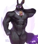  abs ankh anthro anubian_jackal black_body black_fur butler canid canine canis dark_nipples dislyte drew_(dislyte) featureless_crotch fur glowing glowing_eyes hand_on_head hi_res jackal male mammal melon_airaiku muscular_arms nipples nude null pecs purple_eyes raised_arm smile solo 