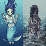  before_and_after blue_eyes blue_hair byackopath_(artist) hair_over_eyes mermaid midriff monster_girl ocean original smile translation_request underwater 