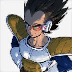  1boy black_eyes black_hair closed_mouth collarbone dragon_ball dragon_ball_z framed gloves highres looking_at_viewer male_focus saiyan_armor scouter simple_background smirk solo spiked_hair supobi vegeta white_background white_gloves 