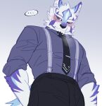  anthro blue_eyes blush canid canine canis clothing demonzwdw domestic_dog dress_shirt ellipsis facial_markings fur head_markings hi_res lifewonders live_a_hero looking_away low-angle_view male mammal markings necktie sadayoshi shirt solo suspenders topwear white_body white_fur 