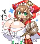  1girl :3 :d animal_hands apron blush_stickers braid breasts brown_hair checkered_clothes checkered_skirt cleavage commentary_request flower gloves green_eyes huge_breasts kanikama low_twin_braids nijisanji paw_gloves pleated_skirt red_hood red_skirt skirt smile solo translation_request twin_braids virtual_youtuber warabeda_meijii 