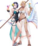  2girls bare_shoulders belt bikini blonde_hair blue_eyes breasts catherine_(fire_emblem) dark-skinned_female dark_skin feet fire_emblem fire_emblem:_three_houses fire_emblem_heroes flower hair_flower hair_ornament highres kainown legs medium_breasts medium_hair multiple_girls navel non-web_source official_art one-piece_swimsuit purple_eyes sandals see-through shamir_nevrand short_hair stomach swimsuit thigh_strap thighs toeless_footwear toenails toes transparent_background 