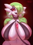  2023 areola artist_name big_breasts breasts clothed clothing collar complextree digital_media_(artwork) eyebrows eyelashes female fingers front_view gardevoir generation_3_pokemon green_hair hair hair_over_eye hi_res huge_breasts humanoid leash looking_at_viewer nintendo not_furry one_eye_obstructed open_mouth pokemon pokemon_(species) solo text url 