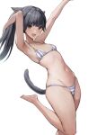  1girl animal_ears arm_behind_head armpits arms_up bikini black_hair blunt_bangs blush breasts brown_eyes cat_ears cat_girl cat_tail commentary dark-skinned_female dark_skin facial_mark feet final_fantasy final_fantasy_xiv grey_tail groin highres leg_up long_hair looking_at_viewer miqo&#039;te navel open_mouth ponytail simple_background small_breasts solo string_bikini striped striped_bikini swimsuit tail thighs torisanff14 vertical-striped_bikini vertical_stripes warrior_of_light_(ff14) whisker_markings white_background 