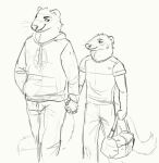  2020 anthro bag bottomwear cettus clothed clothing domestic_ferret duffel_bag duo everett_(cettus) eye_contact hand_holding holding_bag holding_object hoodie jumper looking_at_another male male/male mammal morgan_(cettus) mustelid musteline pants shirt size_difference sketch slim smile topwear true_musteline walking weasel 