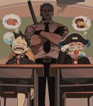  3boys angry annoyed buggy_the_clown chibi cigar crossed_arms desk facial_hair food gakuran highres male_focus mature_male meat monkey_d._luffy multiple_boys one_piece school_desk school_uniform shaded_face short_hair sitting smoker_(one_piece) smoking stubble teacher_and_student thought_bubble tonta_(tonta1231) treasure_chest white_hair 