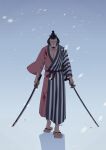  1boy black_hair blood blood_on_clothes commentary_request dual_wielding facial_hair full_body goatee hasami_(hasami25) highres holding holding_sword holding_weapon japanese_clothes katana kimono kinemon long_sideburns looking_at_viewer male_focus one_piece outdoors samurai sandals short_hair sideburns snow snowing solo sword teeth topknot weapon 