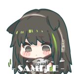  1girl animal_ears bare_shoulders black_hair blush_stickers chibi closed_mouth commentary_request cui_pi_zha_xia_qiu ears_down girls&#039;_frontline green_hair grey_eyes headphones kemonomimi_mode long_hair m4a1_(girls&#039;_frontline) multicolored_hair sample_watermark simple_background solo streaked_hair upper_body white_background 