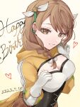  1girl breasts brown_hair cleavage commentary_request corset dated fire_emblem fire_emblem_engage gloves goldmary_(fire_emblem) grin hair_ribbon happy_birthday heart highres large_breasts long_hair long_sleeves looking_at_viewer ribbon sakura_no_yoru shrug_(clothing) skirt smile solo upper_body white_gloves white_ribbon yellow_eyes yellow_skirt 