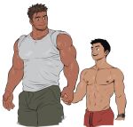  2boys abs bara bare_arms beard bulge chest_hair cropped_legs dark-skinned_male dark_skin facial_hair highres holding_hands ken_(suyohara) kuma_(suyohara) large_pectorals long_sideburns male_focus mature_male multiple_boys muscular muscular_male nipples original pectorals shirt short_hair sideburns size_difference smile stomach stubble suyohara thick_eyebrows tied_sleeves white_shirt yaoi 