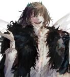  1boy arthropod_boy cape closed_eyes collared_shirt crown diamond_hairband dragonfly_wings fate/grand_order fate_(series) fur-trimmed_cape fur_trim grey_hair highres insect_wings long_sleeves male_focus medium_hair oberon_(fate) oberon_(third_ascension)_(fate) shirt simple_background smile solo upper_body white_background white_shirt wings y!_(y83_oishi) 