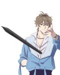  1boy brown_eyes eiden_(nu_carnival) eminem_throwing_a_fat_rat_(meme) gem light_brown_hair long_sleeves looking_at_viewer male_focus meme nu_carnival nu_namu short_hair stylus throwing 