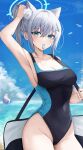  1girl absurdres animal_ear_fluff animal_ears arm_up armpits bag beach bird black_one-piece_swimsuit blue_archive blue_eyes blue_halo blue_one-piece_swimsuit blue_sky breasts collarbone covered_navel cross_hair_ornament extra_ears grey_hair groin hair_ornament hair_tie_in_mouth halo hand_in_own_hair highleg highleg_swimsuit highres large_breasts long_hair looking_at_viewer miruku_pan mismatched_pupils mouth_hold ocean official_alternate_costume one-piece_swimsuit seagull shiroko_(blue_archive) shiroko_(swimsuit)_(blue_archive) shoulder_bag signature sky solo swimsuit two-tone_swimsuit tying_hair white_bird wolf_ears 