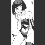  1girl ass_visible_through_thighs bare_shoulders blunt_bangs bob_cut commentary elbow_gloves eyes_visible_through_hair flat_chest gloves greyscale holding holding_pliers huxiao_(mistlakefront) leotard monochrome original petite pillarboxed pliers riding_crop short_hair signature single_elbow_glove single_thighhigh smile solo strapless strapless_leotard thighhighs 