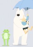  2023 amphibian anthro bear biped black_nose bottomwear canid canine canis carrying clothing domestic_dog dot_eyes frog green_body group hi_res kemono mammal panda_po polar_bear raining shorts size_difference sweater topwear umbrella ursine white_body 