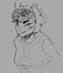  anthro ceratopsian clothed clothing dinosaur english_text facial_horn female freckles goodbye_volcano_high hair hoodie horn looking_at_viewer monochrome ornithischian reptile scalie sketch smug snoot_game_(fan_game) solo text topwear triceratops trish_(gvh) unknown_artist 