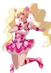  absurdres blonde_hair boots choker cure_peach dress fresh_precure! frills full_body hair_between_eyes hair_ornament heart heart_hair_ornament heart_hands highres long_hair looking_at_viewer mishiba_blue momozono_love open_mouth pink_choker pink_dress pink_footwear pouch precure puffy_short_sleeves puffy_sleeves short_sleeves signature simple_background smile twintails twitter_username very_long_hair white_background 
