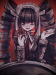  1girl :d black_jacket black_nails card celestia_ludenberg collared_shirt danganronpa:_trigger_happy_havoc danganronpa_(series) drill_hair hands_up headdress highres holding holding_card jacket long_hair long_sleeves nail_polish naruse_(nal1525) necktie open_clothes open_jacket playing_card red_background red_eyes red_necktie shirt sitting smile solo table tongue tongue_out twin_drills twintails upper_body 