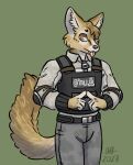  4_fingers anthro belt canid canine clothed clothing donny_blevins elbow_pads fennec fingers fox fully_clothed fur guard_uniform hair male mammal multicolored_body multicolored_fur portrait simple_background solo tan_body tan_fur tongue tongue_out 