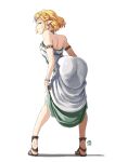  1girl ass ass_focus automatic_giraffe backless_dress backless_outfit bare_shoulders blonde_hair blue_eyes breasts dress earrings flower hair_flower hair_ornament highres jewelry link long_hair official_alternate_costume pointy_ears presenting princess_zelda sandals seductive_smile smile solo the_legend_of_zelda the_legend_of_zelda:_tears_of_the_kingdom 