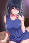  1girl bare_arms bare_shoulders black_hair blush breasts collarbone commentary_request hand_up huyumitsu large_breasts looking_at_viewer original parted_lips purple_eyes short_hair sitting sleeveless solo 