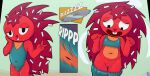  anthro benecia clothing eulipotyphlan female flaky_(htf) genitals gesture hair happy_tree_friends hedgehog hi_res mammal pussy red_body red_hair solo swimwear torn_clothing trapped v_sign young 