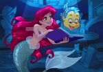  ariel_(disney) artist_name blue_eyes book bust_(sculpture) candle cup drinking_glass fish flounder_(the_little_mermaid) holding holding_book hollybell instagram_username long_hair mermaid monster_girl open_book red_hair shell shell_bikini teeth the_little_mermaid underwater watermark web_address wine_glass 