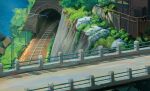  architecture artist_name building east_asian_architecture grass highres no_humans original outdoors procreate_(medium) railroad_tracks rajawat road tunnel vegetation water watermark 