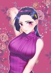  1girl akino_sayuri arm_behind_back bangs_pinned_back black_hair blush breasts dosanko_gyaru_wa_namaramenkoi flower hair_behind_ear highres ikada_kai leaf looking_at_viewer medium_breasts mole mole_under_eye purple_eyes purple_sweater red_background rose sleeveless sleeveless_sweater solo sweater turtleneck turtleneck_sweater upper_body 