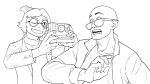  2023 anthro bald benjamin_mcknight black_and_white camera clothing dinosaur duo eyewear fingers glasses hadrosaurid hair hi_res human i_wani_hug_that_gator inco_(iwhtg) jacket male mammal monochrome one_eye_closed open_mouth ornithischian parasaurolophus reptile scalie short_hair sunglasses teeth topwear trejoshurtado 