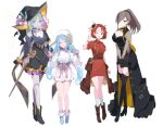  4girls alternate_costume bare_shoulders blue_hair breasts brown_hair claw_pose cleavage doll_joints double_bun dress duel_monster full_body gloves grey_eyes grey_hair hair_bun hands_up hat highres joints long_sleeves multiple_girls one_eye_closed open_mouth pink_eyes ponytail purple_eyes purple_hair red_hair rilliona_(yu-gi-oh!) sakuragi_raia see-through see-through_sleeves short_sleeves single_bare_shoulder thighhighs witch_hat witchcrafter_golem_aruru witchcrafter_haine witchcrafter_madame_verre witchcrafter_schmietta yu-gi-oh! 