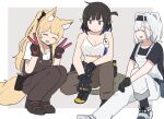  3girls animal_ear_fluff arknights black_gloves blonde_hair blue_eyes brown_pants character_request eunectes_(arknights) gloves high_ponytail kumamoto_aichi looking_at_another multiple_girls pants pointy_ears smile snake_tail tail v white_hair 