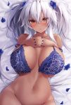  1girl absurdres bed_sheet blue_bra blue_flower blue_nails blue_ribbon blue_rose blush bra breasts breasts_apart brown_eyes chestnut_mouth commentary_request dark-skinned_female dark_skin dated flower from_above front-hook_bra grey_hair hair_ribbon highres huge_breasts interlocked_fingers jewelry kantai_collection long_hair looking_at_viewer mashiro_yukiya musashi_(kancolle) musashi_kai_ni_(kancolle) navel open_bra out-of-frame_censoring petals ribbon ring rose rose_petals semi-rimless_eyewear signature solo stomach twintails two_side_up underwear very_long_hair wedding_ring 