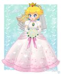  1girl absurdres artist_name astrolightart blonde_hair blue_eyes blush border bridal_veil crown dress earrings elbow_gloves gloves highres jewelry looking_at_viewer mario_(series) patterned_background princess_peach solo veil watermark wedding_dress white_border white_dress white_gloves 