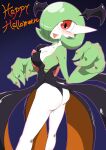  1girl absurdres ass bare_shoulders black_dress black_panties black_wings blue_background blush bob_cut breasts cleavage closed_mouth clothed_pokemon collarbone colored_skin commentary_request covered_nipples dress english_text fangs fangs_out from_behind gardevoir green_hair green_skin hair_over_one_eye halloween hand_up happy happy_halloween head_wings highres kazamidoririnn kneepits legs looking_at_viewer looking_back multicolored_skin one_eye_covered outline panties partial_commentary pink_outline pokemon pokemon_(creature) red_eyes short_hair simple_background small_breasts smile solo standing strapless strapless_dress thighs tongue tongue_out two-sided_dress two-sided_fabric two-tone_skin underwear white_skin wings 