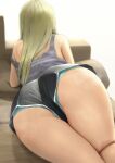 1girl absurdres ano_(gccx8784) aqua_panties arched_back arm_support armpit_crease ass ass_focus blonde_hair blurry blurry_background commentary_request couch depth_of_field dolphin_shorts facing_away from_behind grey_shirt gyaru highres long_hair lying on_couch on_stomach original panties panties_under_shorts panty_peek partially_visible_vulva revision shirt short_shorts shorts simple_background solo strap_slip tank_top thighs trefoil underwear upshorts 