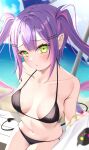  1girl absurdres bare_shoulders bikini black_bikini blush breasts cleavage collarbone colored_inner_hair commentary_request demon_tail ear_piercing green_eyes hair_ornament hairclip halterneck highres hololive long_hair looking_at_viewer medium_breasts mogmog_megmog multicolored_hair navel open_mouth piercing pink_hair pointy_ears pout purple_hair side-tie_bikini_bottom solo streaked_hair string_bikini swimsuit tail tail_ornament tail_piercing tokoyami_towa twintails virtual_youtuber 