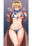  1girl alice_margatroid baketsuya blonde_hair blush breasts breath commentary_request feet_out_of_frame hairband half-closed_eyes highres legs_together looking_at_viewer medium_breasts nose_blush short_hair solo straight-on touhou 