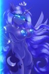  2023 5_fingers alternate_hairstyle anthro areola big_breasts blue_areola blue_body blue_eyes blue_fur blue_hair blue_nipples blue_tail breasts cheek_tuft crotch_tuft crown cutie_mark digital_media_(artwork) ear_tuft equid equine eyelashes facial_tuft feathered_wings feathers female fingers friendship_is_magic fur genitals glowing glowing_eyes hair hasbro headgear hi_res horn horn_jewelry horn_ring jewelry long_hair long_horn mammal my_little_pony navel necklace nipples nude princess_celestia_(mlp) pussy ring ring_(jewelry) shad0w-galaxy shoulder_tuft solo standing tail tuft winged_unicorn wings 