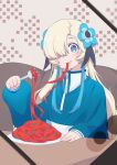  1girl absurdres blonde_hair blue_hair blue_sweater blush brown_background commentary_request daradara_art eating fake_phone_screenshot fake_screenshot flower food food_on_face fork grey_eyes hair_flower hair_ornament hair_over_one_eye hand_up highres holding holding_fork isekai_joucho jacket kamitsubaki_studio layered_clothes long_hair long_sleeves looking_at_viewer multicolored_hair napolitan one_eye_covered pasta puffy_long_sleeves puffy_sleeves raised_eyebrows solo spaghetti streaked_hair surprised sweat sweater table turtleneck upper_body virtual_youtuber white_jacket white_sweater wide-eyed zipper zipper_pull_tab 