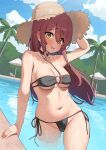  1girl absurdres bikini black_bikini breasts brown_hair debi_tarou hat highres idolmaster idolmaster_shiny_colors large_breasts looking_at_viewer o-ring o-ring_bikini osaki_tenka pool poolside side-tie_bikini_bottom solo straw_hat string_bikini swimsuit wading wanimaru water_drop yellow_eyes 