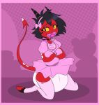  clean_diaper clothed clothing cuddlehooves demon diaper digital_media_(artwork) dress female hair helluva_boss hi_res imp infantilism millie_(helluva_boss) object_in_mouth pacifier pacifier_in_mouth red_body simple_background solo tail wearing_diaper 