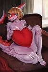  anthro barefoot blonde_hair blue_eyes breasts dinosaur feet female goodbye_volcano_high hair heart_pillow hi_res johnfoxart multicolored_body naomi_(gvh) nude pillow red_body reptile scalie smile soles solo two_tone_body white_body 