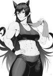  1girl abs absurdres azazel_ameri bare_shoulders breasts closed_mouth commission crop_top greyscale highres leggings long_hair mairimashita!_iruma-kun midriff monochrome muscular muscular_female navel pointy_ears solo speedl00ver sweat tank_top towel 