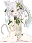 +_+ 1girl :d absurdres animal_ear_fluff animal_ears armlet armpit_crease bare_shoulders barefoot blush breasts cat_ears cat_girl cat_tail detached_sleeves dot_nose dress full_body genshin_impact green_eyes green_hair green_sleeves hair_between_eyes hair_ornament highres kemonomimi_mode looking_at_viewer multicolored_hair nahida_(genshin_impact) oishi_kuwagata open_mouth paw_pose pelvic_curtain pointy_ears short_sleeves side_ponytail sideboob sidelocks simple_background sitting sleeveless sleeveless_dress small_breasts smile solo streaked_hair tail teeth upper_teeth_only white_background white_dress white_hair 
