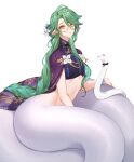  1boy baizhu_(genshin_impact) bottomless celestial_sect changsheng_(genshin_impact) chinese_clothes english_commentary genshin_impact glasses green_hair hair_between_eyes highres jewelry long_hair looking_at_viewer male_focus pointy_ears shirt simple_background sitting snake white_background white_snake yellow_eyes 