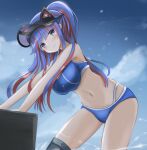  1girl animal_ears bikini blue_bikini blue_hair blue_sky breasts cat_ears cloud cowboy_shot highres kantai_collection large_breasts leaning_forward long_hair multicolored_hair navel official_alternate_costume official_alternate_hairstyle ponytail red_hair redundant-cat sky solo south_dakota_(kancolle) sports_bikini swimsuit visor_cap white_hair 