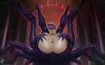  1girl 2022 arachne arthropod_girl artist_name bottomless breasts column completely_nude dated english_commentary extra_eyes grey_hair heart heart-shaped_pupils highres indoors large_breasts legs_up looking_at_viewer monster_girl monster_musume_no_iru_nichijou nipples nude pillar presenting pussy rachnera_arachnera signature silk solo spider_girl spider_web symbol-shaped_pupils taur themaestronoob 